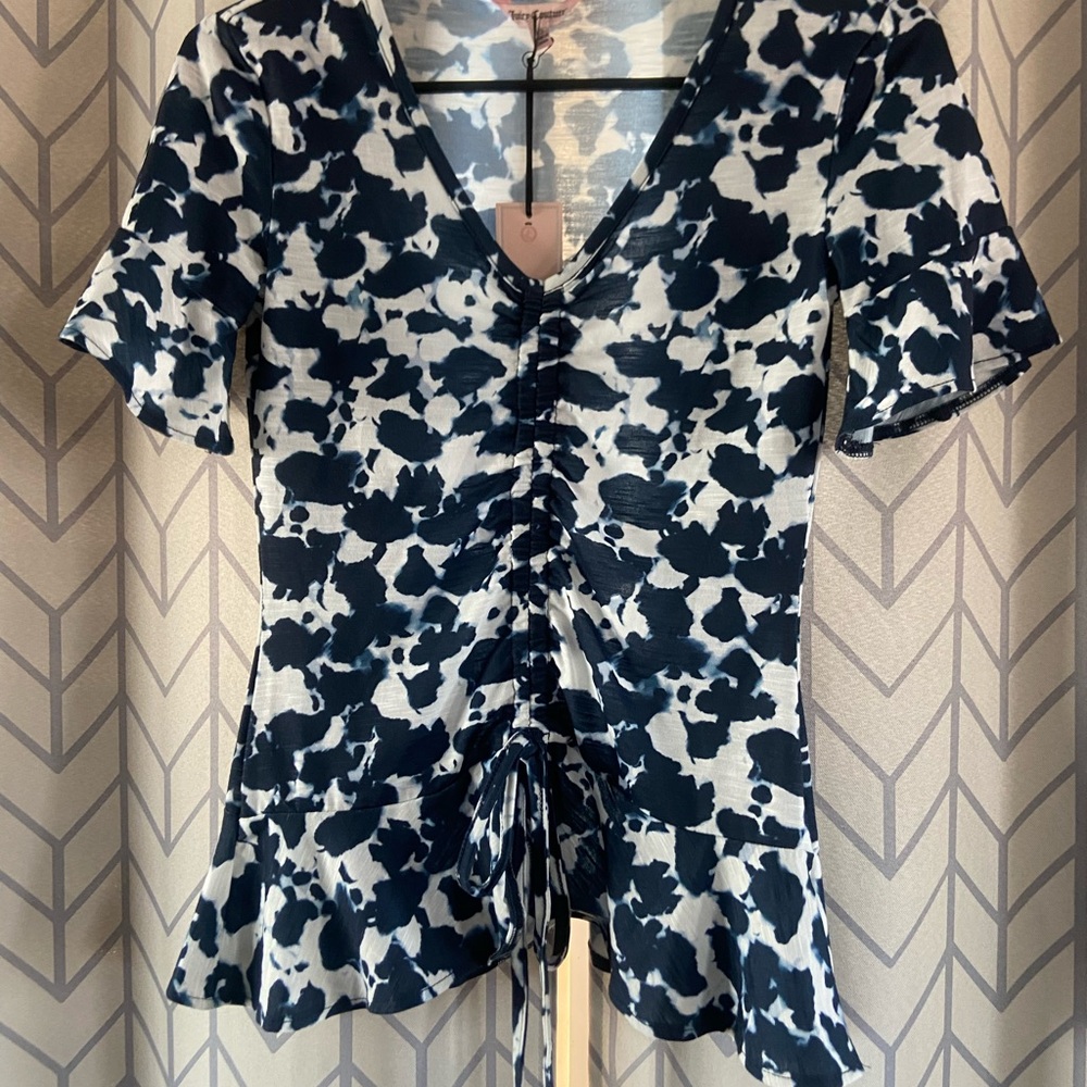 Juicy Couture Blue and White Flutter Sleeve Peplum Blouse